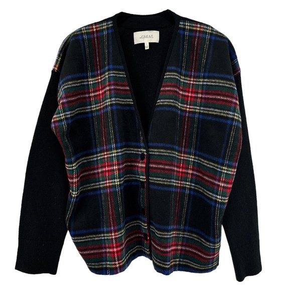 The GREAT. The Fireside Cardigan in Hearth Plaid